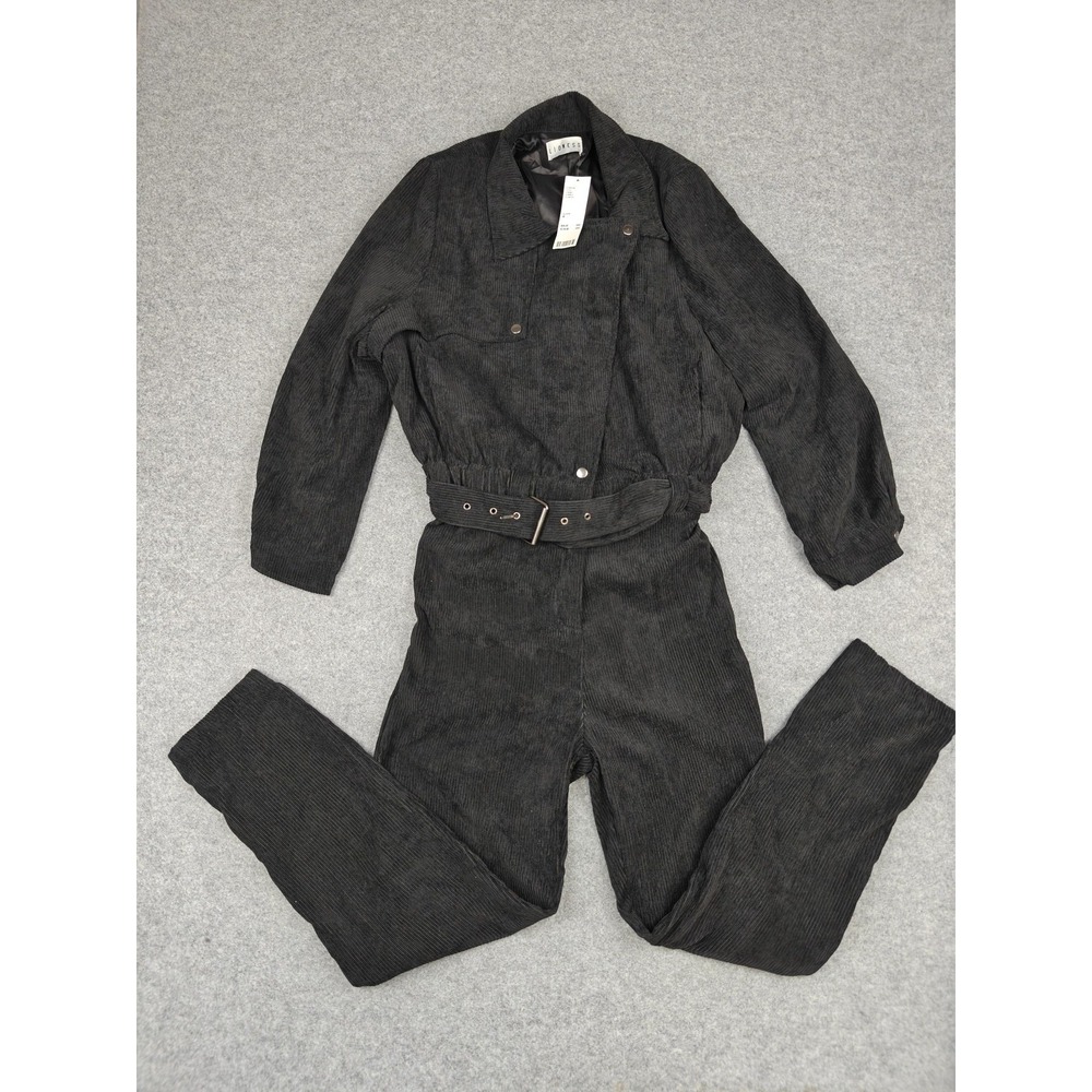 Lioness Jumpsuit Womens M Black Corduroy Belted Zip Front Collared Long Sleeve